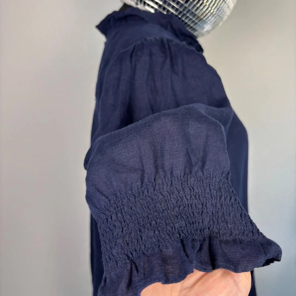 J.Crew 100% Linen Smocked Puff Sleeve Ruffle Top, Medium Navy Blue Preppy office